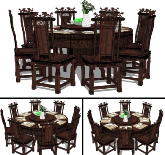 中式实木圆形餐桌椅组合su模型