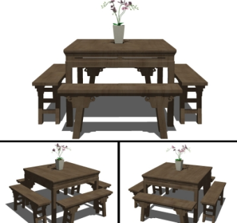 中式实木餐桌椅su模型