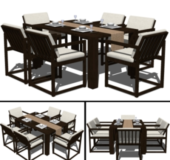 新中式实木餐桌椅su模型