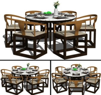 新中式圆形餐桌椅组合su模型