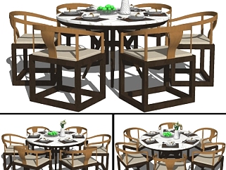 新中式圆形餐桌椅<em>组合</em>su模型