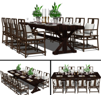 新中式实木餐桌椅su模型