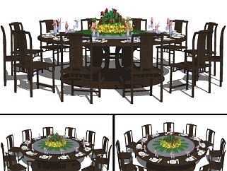 中式实木<em>圆形</em>餐桌椅组合su模型