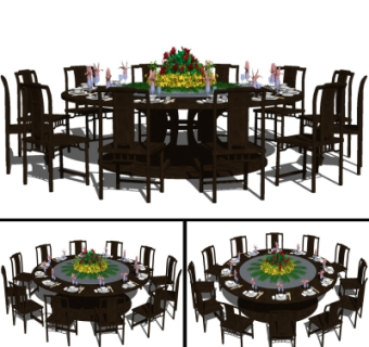 中式实木圆形餐桌椅组合su模型