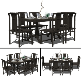 新中式实木餐桌椅su模型