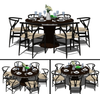 现代实木餐桌椅su模型