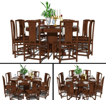 中式实木圆形餐桌椅组合su模型