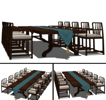 新中式实木餐桌椅su模型