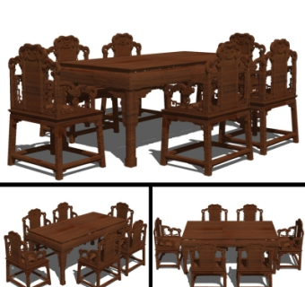 中式实木餐桌椅su模型