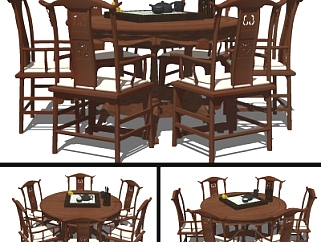 <em>中式圆形</em>餐桌椅su模型