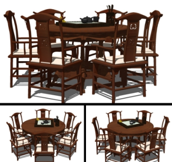 中式圆形餐桌椅su模型