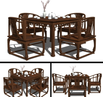 中式实木餐桌椅su模型