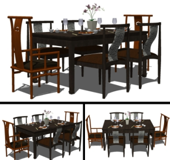 中式实木餐桌椅su模型
