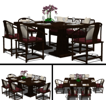 新中式实木餐桌椅su模型