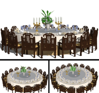 中式宴会餐桌椅组合su模型