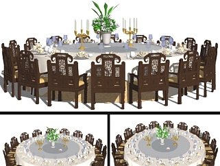 中式宴会餐桌椅组合su模型