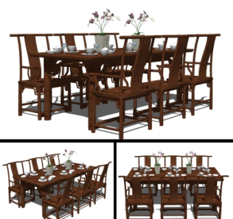 中式实木餐桌椅su模型