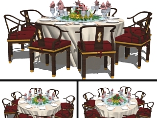 <em>新中式</em>实木圆形<em>餐桌</em>椅su模型