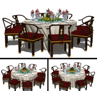 新中式实木圆形餐桌椅su模型