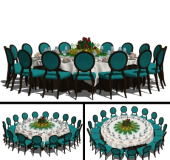 简欧圆形宴会餐桌椅su模型