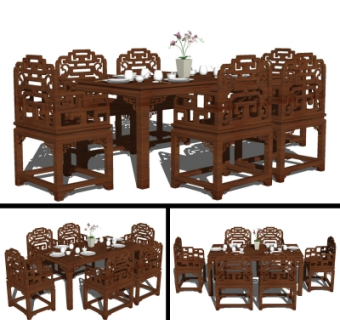 中式实木餐桌椅su模型