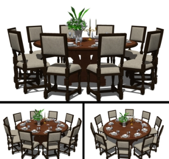 美式实木圆形餐桌椅su模型