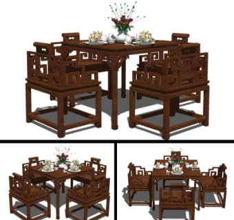 中式实木餐桌椅su模型