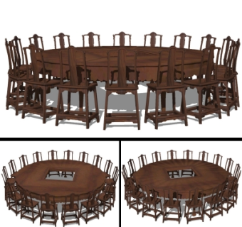 中式实木圆形餐桌椅组合su模型