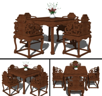 中式实木餐桌椅su模型