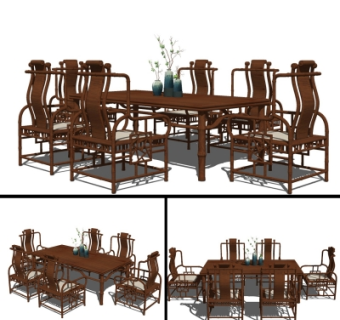 中式实木餐桌椅su模型