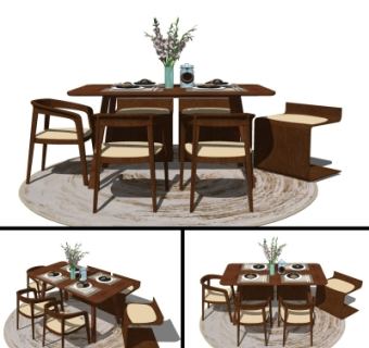 北欧实木餐桌椅su模型