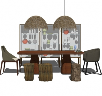 现代实木餐桌椅su模型
