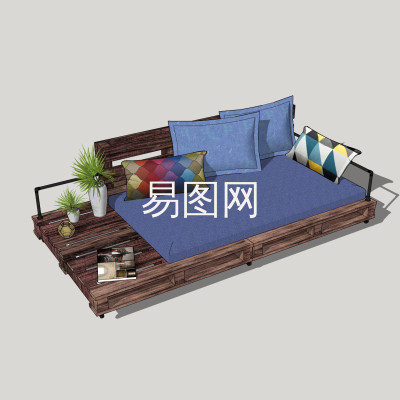 现代实木休闲沙发su模型