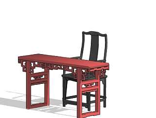 中式实木书桌椅su模型