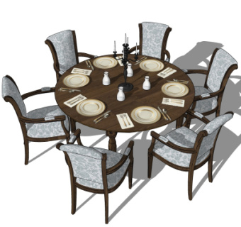 美式实木圆形餐桌椅su模型