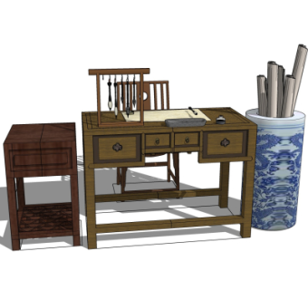中式实木书桌椅su模型