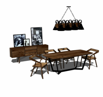 工业风实木餐桌椅su模型