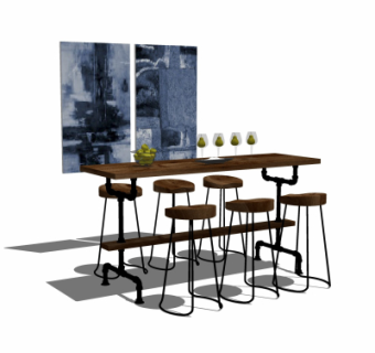 工业风钢管实木餐桌椅su模型