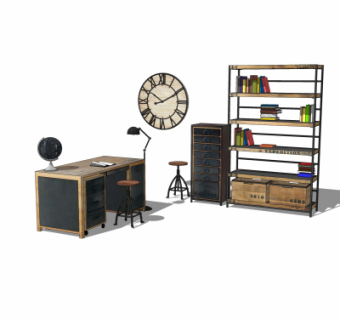 工业风实木书桌装饰柜su模型