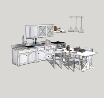 工业风实木餐桌椅橱柜su模型