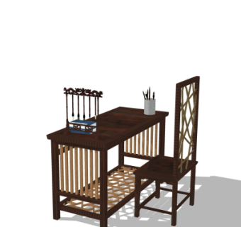 中式实木书桌椅su模型