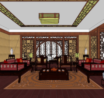 中式客厅su模型