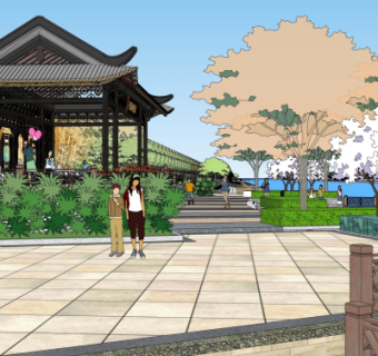 中式沿河街道景观设计su模型