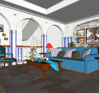 美式客厅su模型