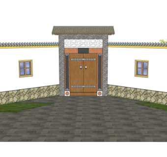 中式围墙大门组合免费su模型