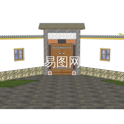 中式围墙大门组合su模型