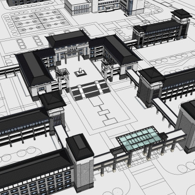 新中式教学楼su模型