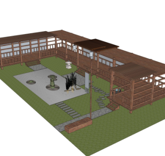 中式庭院长廊免费su模型