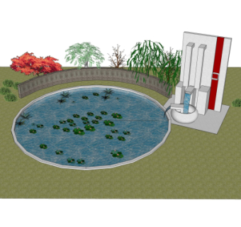 中式花园水池园艺小品su模型