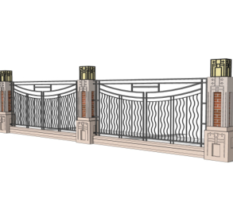 新中式围墙护栏su模型